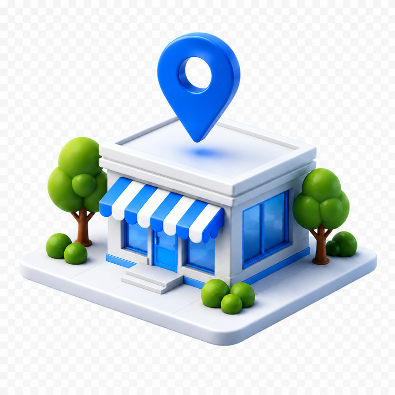 Storefront with location pin — your AI name tag